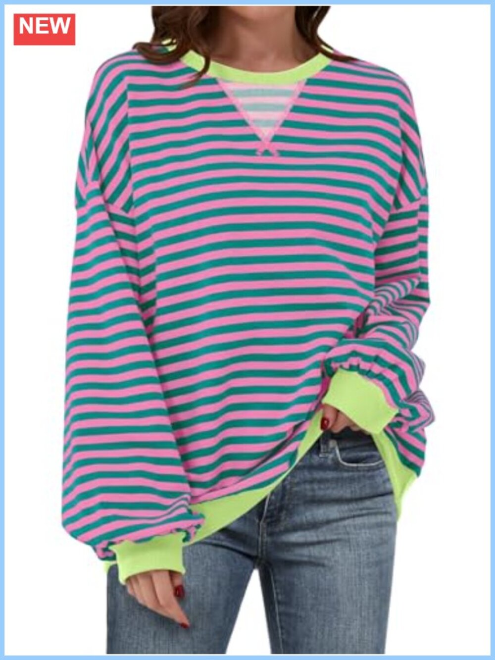Oversized Striped Crew Neck Long Sleeve Pullover Sweatshirt, Rayon Blend